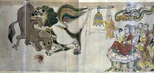 O triunfo de Sariputra sobre os hereges. O sábio Sariputra prova a superioridade do budismo ao mostrar um leão através de um prodígio: o fulvo devora um touro que um mago herege trouxe à luz.