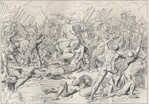 Guerra do Peloponeso: A Batalha de Potidee (La battaglia di Potidea) onde o filósofo grego Sócrates salvou a sua vida em Alcibiade. (Engraving d