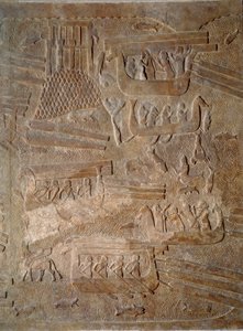 Art Mesopotâmia (Assíria): pátio do palácio do rei da Assíria Sargão II (721 - 705 a.C.) transporte de madeira de cedro do Líbano. Paris, Musee Du Louvre de Assyrian