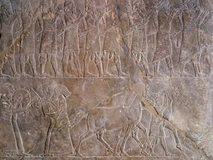 Antiquite oriental: detalhe de um baixo-relevo em calcário: os músicos da armadura de Assurbanipal ou Ashurbanipal, rei da Assíria (Mesopotâmia) (669 AC-627 AC). 640 A.C. De Nínive. Paris, Museu do Louvre de Assyrian