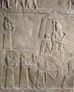 Relevo retratando o carro dos prisioneiros do Rei Assurbanipal e Elamita, episódios do Elam canpaign, do Palácio de Assurbanipal em Nínive, c.645 aC (alabastro cigano)