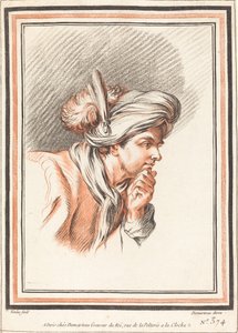 Cabeça de um homem vestindo um turbante emplumado de Atelier of Gilles Demarteau the Elder after Carle Van Loo
