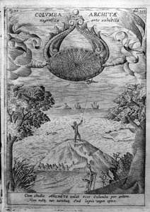 Archytas de Taranto (435-347 a.C.) voa uma pomba de madeira. Gravura de "Mundus Subterraneus" de Athanasius Kircher (1601-1680), jesuíta, orientalista e estudioso. de Athanasius Kircher