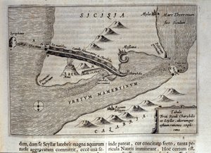 Representação cartográfica de Charybde" e "Scylla" em Detroit de Messina, Sicília" Gravura de "Mundus Subterraneus" de Athanasius Kircher (1601-1680), Jesuite, Orientalista e estudioso 1682