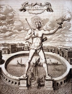 O Colosso de Rodes (estátua de Hélio) na entrada do porto. - em "Turris Babel" de Athanasius Kircher (1601-1680), orientalista e estudioso alemão