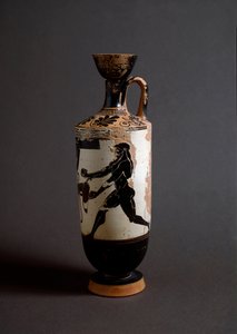 Arte grega: "Heracles and Atlas" Atlas Detail. Lekythos (lecyth) branco realizado pelo pintor de Athena (450-400 AC). Atenienses, Museu Nacional de Arqueologia de Athena Painter (workshop of)