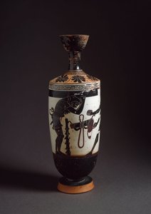 Arte grega: "Heracles and Atlas" Detalhe de Heracles (Hércules) Lekythos (lecyth) branco realizado pelo pintor de Athena (450-400 AC). Atenienses, Museu Nacional de Arqueologia de Athena Painter (workshop of)