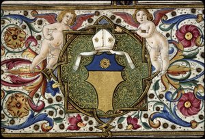 Missal de Thomas James: pormenor das armas do comissário, "Or, on a chief azure a rose Or".