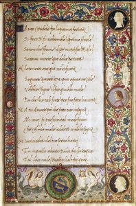 Página do manuscrito "Il canzoniere" de Francesco Petrarca (Petrarca) (1304-1374) iluminado por Attavante dei Attavanti (1452-1525) (ms. cl.VIII.684) Século XV Dim. 19 x 12,7 cm Florença, Biblioteca Nacional de Attavante di Gabriello di Vanti di Bartolo