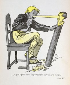 O nariz de Pinóquio começou a crescer enquanto Gepetto continuava a esculpir a sua figura", ilustração de "Pinóquio" de Carlo Collodi (1826-90) 1935 (litografia a cores)