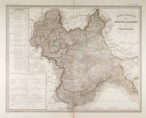 Estados da Sardenha no continente. Mapa de Attilio Zuccagni-Orlandini, retirado do Atlas Geográfico dos Estados Italianos, Florença, gravura em cobre de Attilio Zuccagni Orlandini