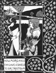 Arthurian Legend: "The fee Morgane gives a shield to Tristan" Gravação em "The story of Tristan and his adventures, which includes his love story with Isolde" "The Morte of Arthur" de Sir Thomas Malory, edição ilustrada por Aubrey deu Beardsley ( de Aubrey Beardsley
