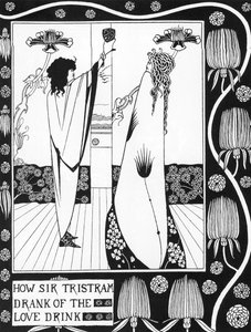 Arthurian Legend: "Tristão bebendo o filme do amor" Gravação em "A história de Tristão e suas aventuras, que inclui sua história de amor com Isolda" de Sir Thomas Malory, edição ilustrada por Aubrey Beardsley (1872-1898) 1893-1894 (Arthuria de Aubrey Beardsley