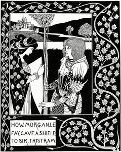 Como Morgan le Fay deu um escudo a Sir Tristram, ilustração de "Le Morte d&39;Arthur" de Sir Thomas Malory, 1894 de Aubrey Beardsley