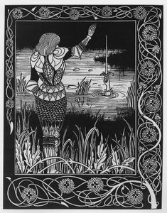 Como Sir Bedivere lançou a espada Excalibur na água, uma ilustração de "Le Morte d&39;Arthur" de Sir Thomas Malory, 1893-94 de Aubrey Beardsley