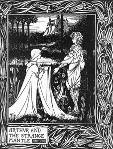 Rei Artur recebe a visita de uma jovem enviada por Morgane (Rei Artur e o estranho manto enviado por Morgan, o feiticeiro) Ilustração de Aubrey Beardsley (1872-1898) de Thomas Malory, "A Morte de Artur". de Aubrey Beardsley