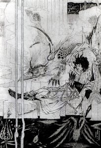 Agora o Rei Arthur viu a Besta de Caça e a sua grande maravilha, de &39;Le Morte d&39;Arthur&39;, de Sir Thomas Malory (d.1471), publicada em 1893-94 (tinta preta e grafite). de Aubrey Beardsley