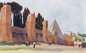 Roma: Muralha Aureliana com a pirâmide de Caius Cestius (litografia a cores)