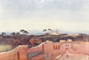 Roma: Villa Borghese vista de um telhado (litografia a cores)