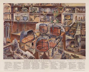 Corte transversal de uma fábrica de cerveja (litografia a cores)
