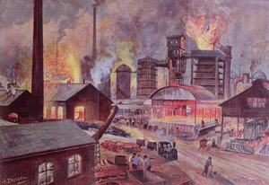 Fábrica com alto-forno, de uma série de livros sobre LUnivers et lHumanite de H. Kraemer, publicada em Paris no final do século XIX (gravura a cores) de August Dressel