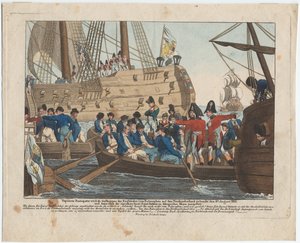 Napoleão Bonaparte como prisioneiro dos ingleses é trazido do Bellerophon para Northumberland em 8 de de August Friedrich Andreas Campe