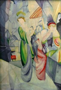 Mulheres brilhantes em frente à loja de chapéus de August Macke