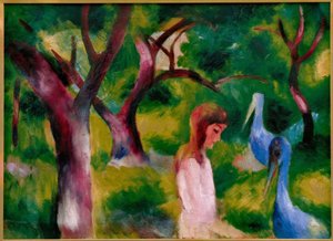 Menina com pássaros azuis de August Macke
