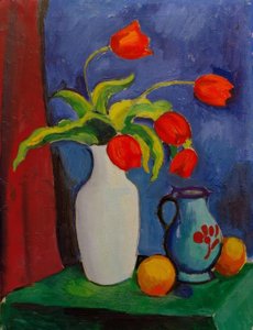 Tulipas vermelhas em vaso branco de August Macke