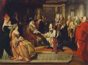 O imperador Carlos VI entrega a espada de honra ao príncipe Eugênio após a Batalha de Belgrado, 1865 de August Wenzel Mantler