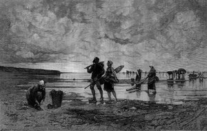Grande maree no Canal da Mancha (século XIX): pescadores de conchas em uma praia. Gravura após a pintura de Hagborg Auguste Wilhem Nikolaus (1852-1921/1925) em "The Illustrous World" n°1219 de 7 de agosto de August Wilhelm Nikolaus Hagborg