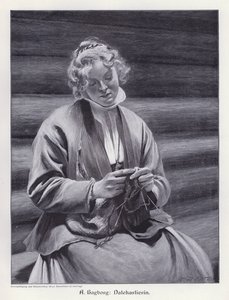 Retrato de uma mulher tricotando (gravura) de August Wilhelm Nikolaus Hagborg