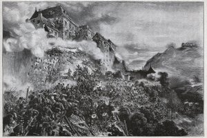 A Revolução Húngara de 1848-1849: Os rebeldes húngaros invadem o Castelo de Buda (Forno) em 21 de Maio de 1849 - após litografia de August von Pettenkofer de August Xaver Karl von Pettenkofen
