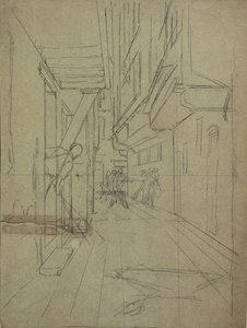 Esboço em perspectiva para "luta de rua em um beco veneziano" de August von Pettenkofen