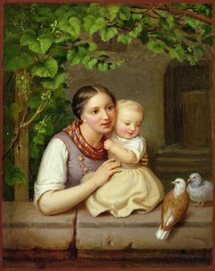Mãe com criança e duas pombas (óleo em cobre)