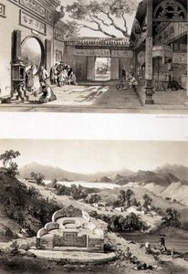 Vista Interior do Grande Templo de Macau e uma Tumba e Aldeia entre as Baías de Hong Kong e Cowloon, placas 8 e 7 de "Sketches of China", gravadas por Eugene Ciceri (1813-90) 1842 (litografia colorida)