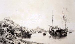 A Costa de Macau na Maré Alta, placa 12 de "Sketches of China", gravada por Eugene Ciceri (1813-90) 1842 (litografia colorida)