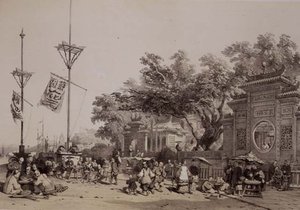 Fachada do Grande Templo de Macau, placa 9 de "Esboços da China", gravada por Eugene Ciceri (1813-90) 1842 (litografia colorida)