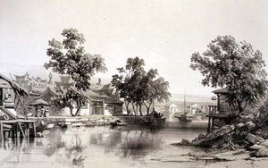 O Templo e Canal de Honan, placa 29 de "Sketches of China", gravado por Eugene Ciceri (1813-90) 1842 (litografia colorida)