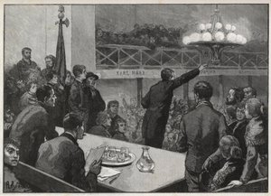 Encontro para a greve no Vooruit em 1885 - gravura em 1885 "Le monde illustrious" - desenho de Gerardin de Auguste (after) Gerardin