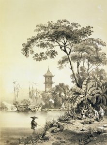 Um pagode no canal de Macau-Cantão, placa 21 de &39;Esboços da China&39;, gravada por Eugene Ciceri (1813-90) 1842 (litografia tingida)