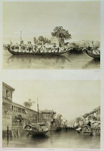 A loucura francesa e a Casa de um Mercador de Sal no Canal de Honan-Canton, placas 27 e 28 de &39;Sketches of China&39;, gravadas por Eugene Ciceri (1813-1890) 1842 (litografia tingida)
