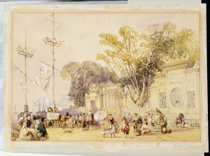 Praça da aldeia na Baía de Hong Kong, placa 5 de &39;Sketches of China&39;, gravada por Eugene Ciceri (1813-90) 1842 (litografia tingida)