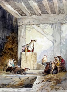 Ilustração da fábula “O conselho dos ratos” de Jean de La Fontaine. Aquarela de Auguste Delierre (1829-c.1890)