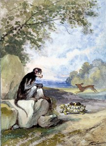 Ilustração da fábula “A lebre e a tartaruga” de Jean de La Fontaine. Aquarela de Auguste Delierre (1829-c.1890)
