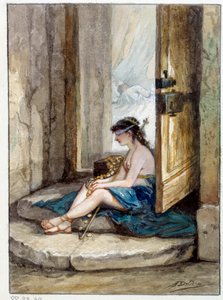 Ilustração da fábula "O homem que corre atrás da fortuna e o homem que o espera na sua cama" de Jean de La Fontaine. Aguarela de Auguste Delierre (1829-c.1890)