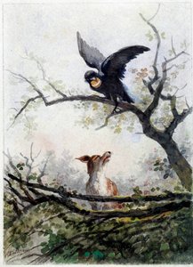A raposa e o corvo. Ilustração da fábula de Jean de La Fontaine (1621-1695)