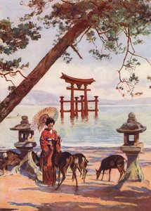 O Torii em Miyajima, Japão (litografia a cores)