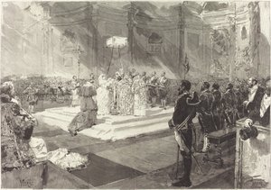 Batismo real no Tribunal de Espanha de Auguste Lepère after Daniel Vierge