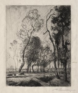 Pôr do sol atrás das árvores de Auguste Louis Lepère